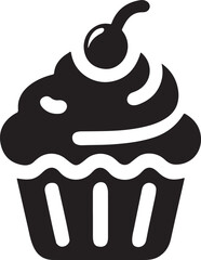 Isolated black vector icon of cupcake, cupcake with frosting swirl, cherry topped cupcake, black cupcake symbol, dessert cupcake icon, editable cupcake vector, minimal pastry cupcake design