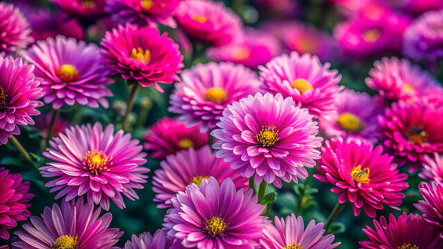 Vibrant close up of a dense cluster of bright pink and purple aster flowers with yellow centers in full bloom