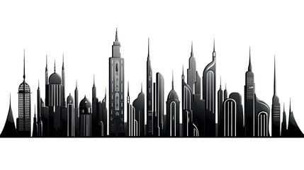 Obraz premium A futuristic skyline featuring tall skyscrapers with innovative architecture and glowing lights isolated on white background