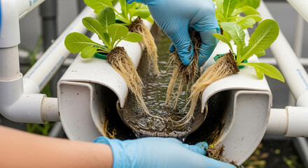 Sustainable agriculture innovation Examining lettuce roots in a hydroponic farm.