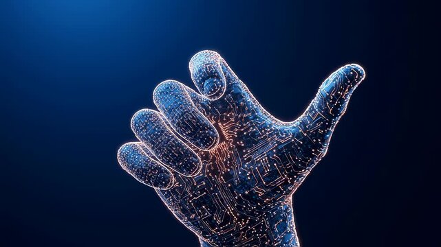 Digital human hand with circuit board pattern. Ai artificial intelligence concept with computer chip. Data processing.