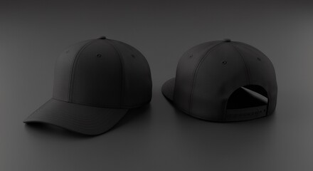 Obraz premium Two Black Baseball Caps on Dark Gray Background Front and Back View Mockup Style.