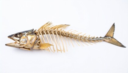 Obraz premium Fish skeleton on a white background, showing the head, spine, ribs, and tail of the animal.