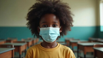 African American boy with protective mask in the school. 