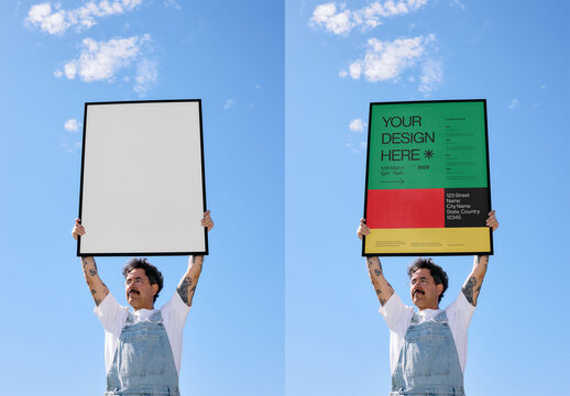 Mockup Of Man With Vertical Customized Framed Poster, Blue Sky