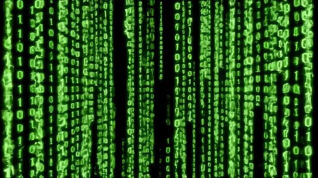 Abstract digital backdrop featuring cascading green binary code streams against a dark background, suggesting data flow.