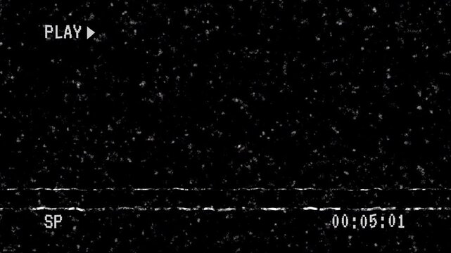 Old damage VHS paly with noise analog TV on black background. 4K video