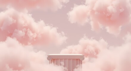 A cylindrical pedestal surrounded by soft, pastel pink clouds against a gentle sky