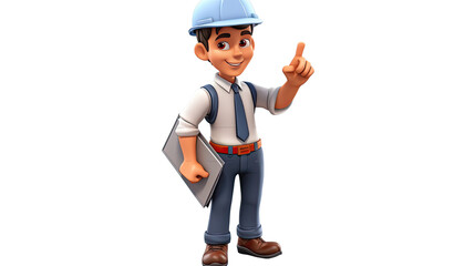 Architect 3d cartoon worker character with construction helmet isolated on white background