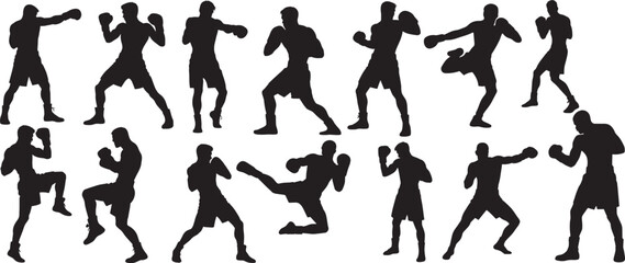 Set of male boxer silhouettes in different fighting  poses on white background vector illustration, design for sports, fitness, and athletic themes,