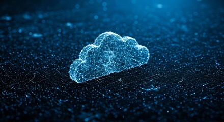 A luminous blue cloud computing icon made of a digital particle network on a dark, futuristic surface.
