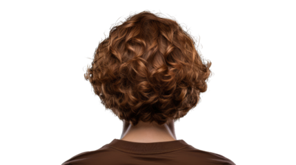 Back view of curly haired man standing isolated on white background