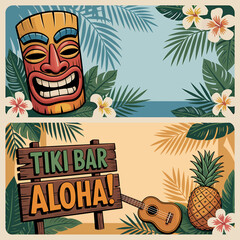 Tropical Tiki Bar Aloha Invitation Template with Tiki Mask Ukulele Pineapple and Palm Leaves for Summer Vacation