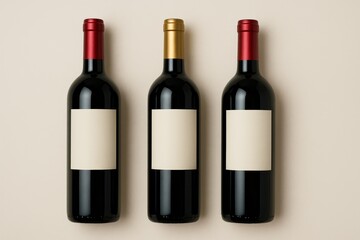 Three elegant wine bottles lined up against a simple beige background showcasing potential labels and colors