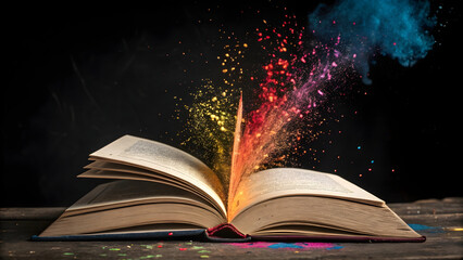 An open book rests at the center of a deep black background, its pages slightly curled as if caught in motion