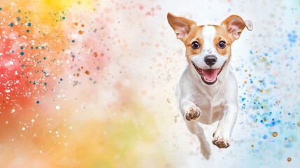 Joyful dog leaps through colorful splash of paint, showcasing its playful spirit and energy