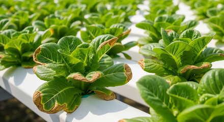 Close-up of lettuce with tip burn, a physiological disorder in hydroponic farming.