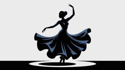 Vector art of silhouette of a graceful ballerina in a flowing dress performing a ballet dance on stage with elegance and poise isolated on white background