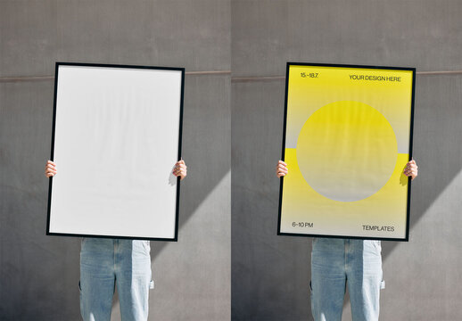 Mockup Of Man Holding Vertical Customizable Framed Poster Over Face