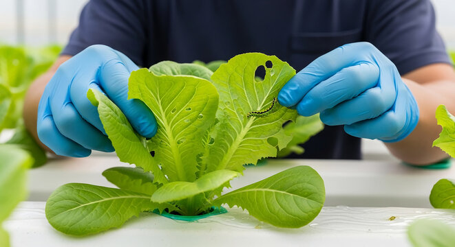 Agricultural expert inspecting a damaged lettuce leaf in a modern greenhouse