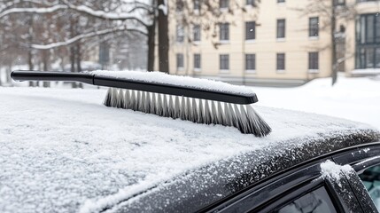 Fototapeta premium A person uses a snow brush to clear snow off the roof of a black car during a cold winter morning in a city park