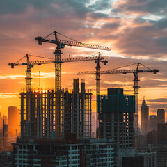 Fototapeta premium Dramatic Sunset Over Urban Construction Site with Tower Cranes