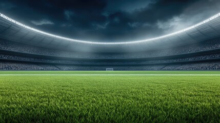 Fototapeta premium A vibrant green football field illuminated by bright lights, set for an evening match at a local stadium with an enthusiastic crowd expected