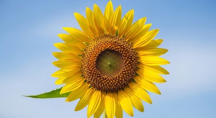 Naklejka premium Stunning single sunflower in full bloom, with vibrant yellow petals radiating beautifully against a clear, serene blue summer sky