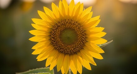 Obraz premium Close-up of a vibrant yellow sunflower in full bloom, basking in the warm golden hour sunlight with a beautifully blurred field background.