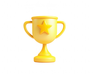 a cute yellow trophy cup with a star on a white background, in a cartoon style, png, transparent