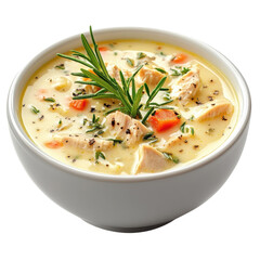 Creamy chicken and vegetable soup in white bowl with rosemary garnish isolated on Transparent Background