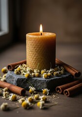A honey-colored candle, surrounded by cinnamon sticks and dried chamomile flowers, sits on a dark stone coaster.