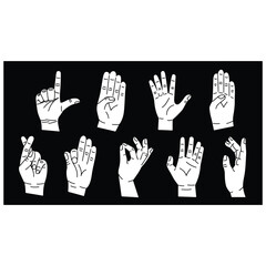 Vector Illustration Set of Hand Gestures Depicting International Sign Language Symbols on Black Background – Celebrating International Day of Sign Languages