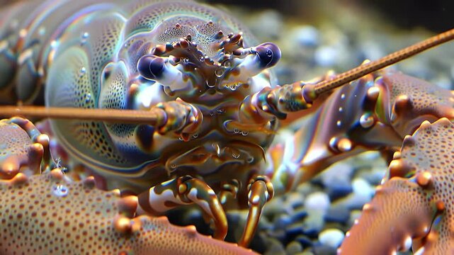 Vibrant Spiny Lobster Close-up. Detailed Marine Crustacean Portrait with Intricate Exoskeleton and Colorful Shell.