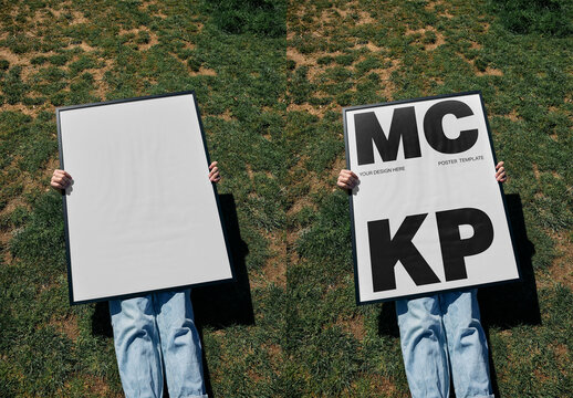 Mockup Of Man Lying On Grass With Customizable Framed Poster