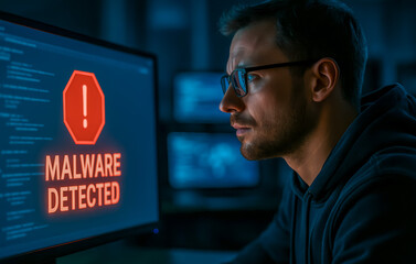 Man detecting malware while working on a computer screen