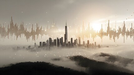 City skyline overlaid with abstract data patterns.