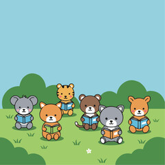 Naklejka premium Cute Cartoon Animals Reading Books on a Grassy Hill