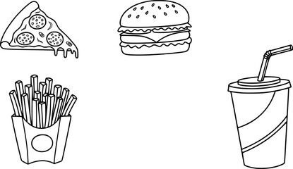 Doodle fast food icons featuring pizza, burgers, and soda