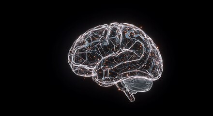 A digital wireframe of a human brain with glowing nodes representing a neural network on a black background.