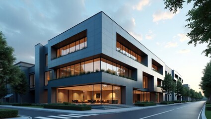 Modern architectural building facade at twilight.