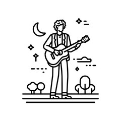 Man playing guitar under the moon in a park with trees and stars in the night sky illustration