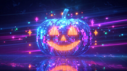 futuristic disco halloween pumpkin, glowing neon jack o lantern with mirror ball texture, vibrant party scene with colorful lights and reflections