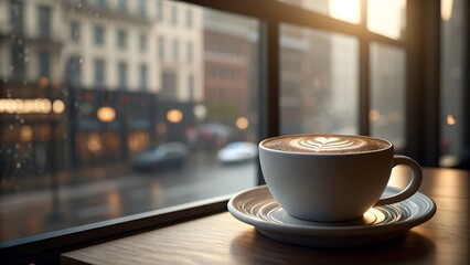 Fototapeta premium Latte in a cafe with rainy cityscape scenery. Great for social media posts, website banners, blog articles, and advertising campaigns.