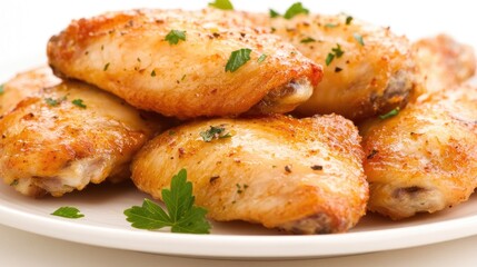 A plate of spicy chicken wings garnished with parsley, ready to be enjoyed at a lively summer barbecue