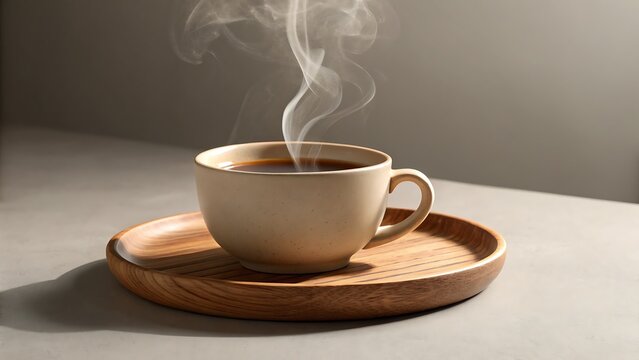 Steaming cup of coffee on a small wooden tray. Perfect for cafe menus, coffee shop ads, cozy vibes, morning routine.