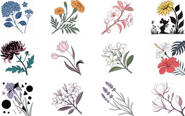 Obraz premium Bundle of 12 Colorful Botanical Flower Illustrations – Vintage Floral Clipart Set for Print, Design, and Digital Art Projects