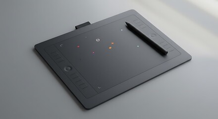 A modern black graphics tablet with a digital stylus pen resting on its surface on a clean gray background.