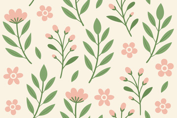 Seamless pattern pink flowers green leaves cream Cute sketch floral texture