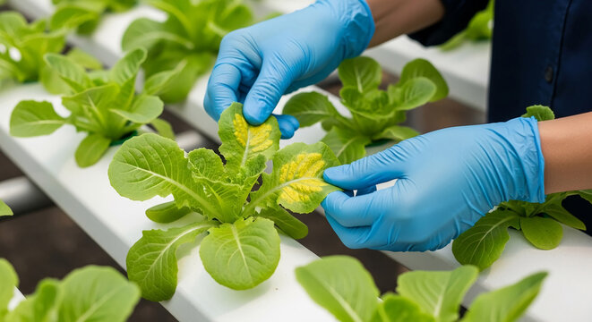 Person in blue gloves inspecting hydroponically grown lettuce plants, examining yellowing leaves. - Powered by Adobe